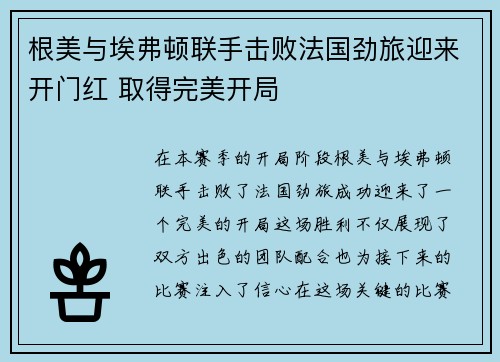 根美与埃弗顿联手击败法国劲旅迎来开门红 取得完美开局