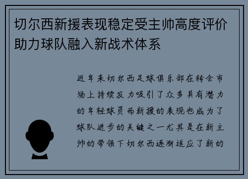 切尔西新援表现稳定受主帅高度评价助力球队融入新战术体系