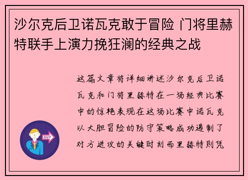 沙尔克后卫诺瓦克敢于冒险 门将里赫特联手上演力挽狂澜的经典之战