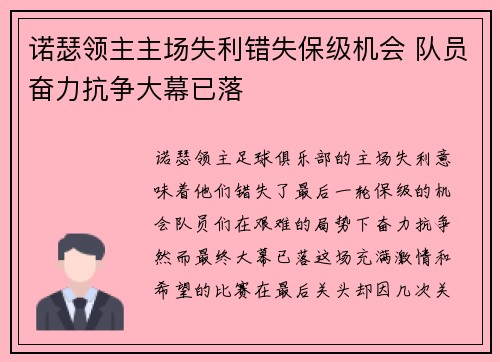 诺瑟领主主场失利错失保级机会 队员奋力抗争大幕已落